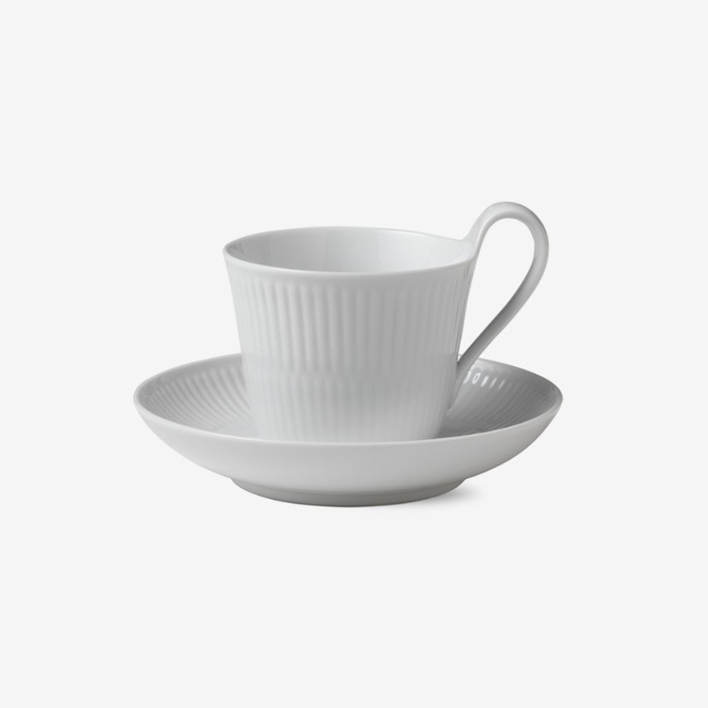 SET OF 2 / NIB White Fluted HIGH HANDLE CUP AND SAUCER 25 CL